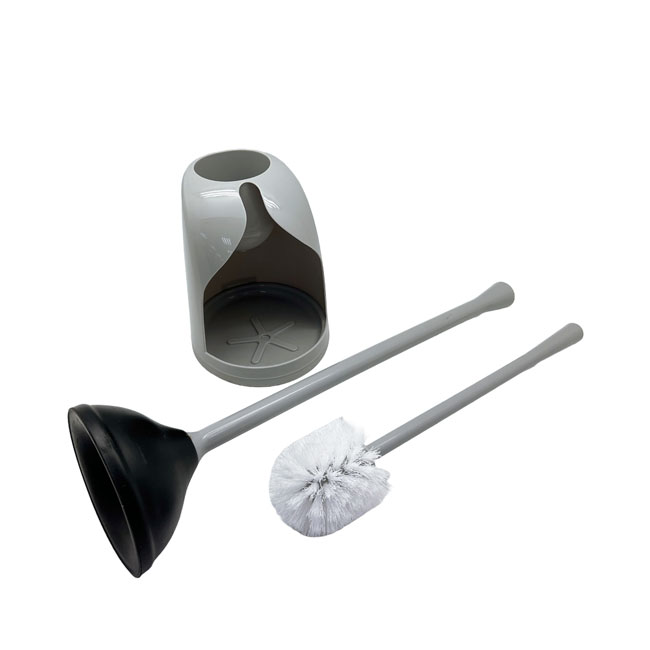 Gray Toilet Brush and Plunger Set with Holder | Bathroom Cleaning Combo