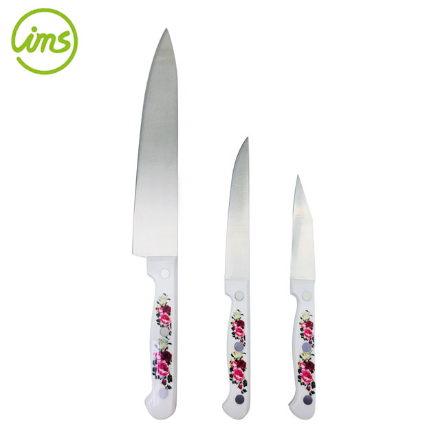 Custom Logo 3-Piece Kitchen Knife Set with Floral Handle – Chef, Utility & Paring Knives