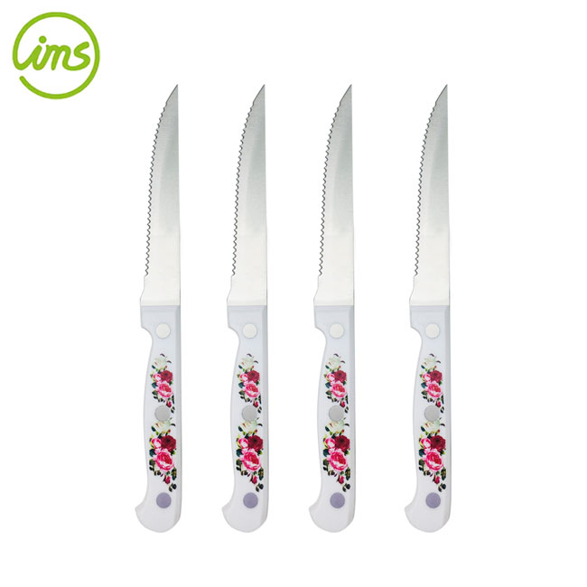 Serrated Blade Steak Knife Set with Floral Handle – 4-Piece Stainless Steel Table Knife Set